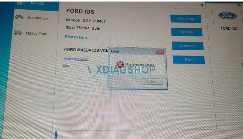 VXDIAG VCX NANO Ford IDS “File Verification Failed 1