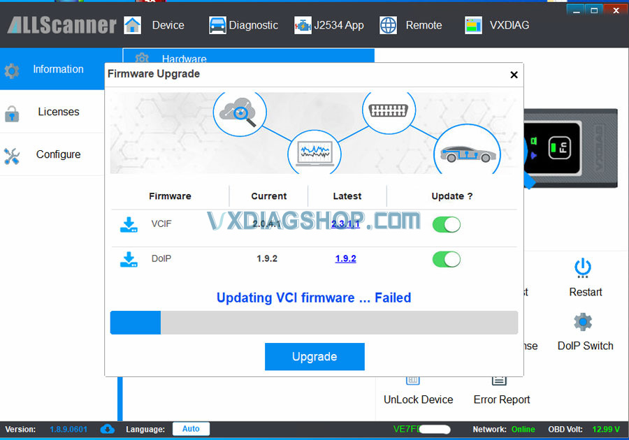 VXDIAG VCX FD Update Firmware Failed